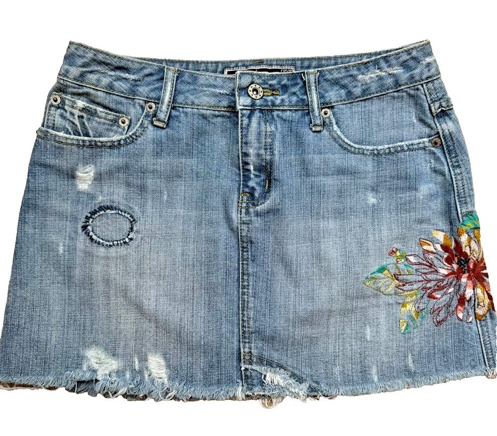 Vintage Denim Mini Skirt Embroidered Indie Sleaze Distressed Y2K Floral S